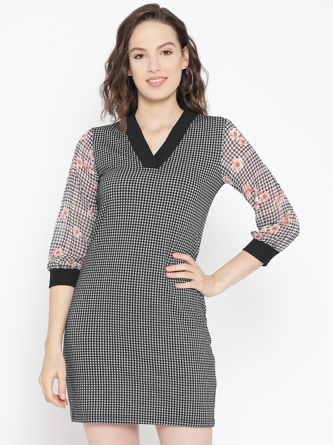 

AND Women Black & White Checked Sheath Dress