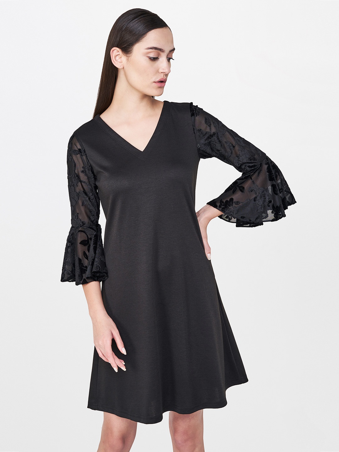 

AND Women Black Solid A-Line Dress with Floral Bell Sleeves