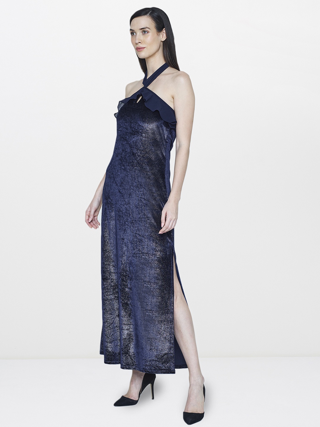 

AND Women Navy Blue Solid Maxi Dress with Side Slits