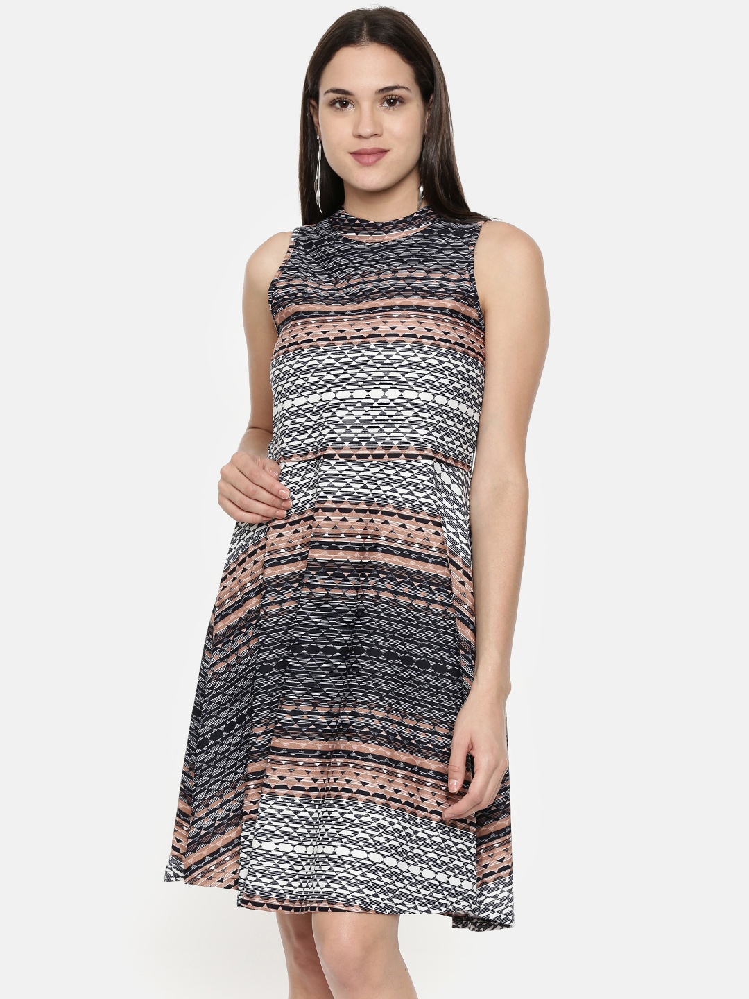 

AND Women Printed Brown & Navy Blue Fit and Flare Dress