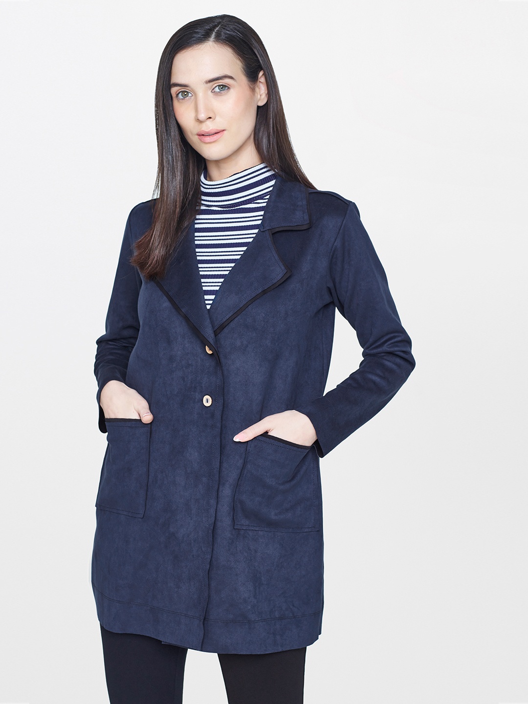 

AND Women Navy Blue Solid Longline Tailored Jacket