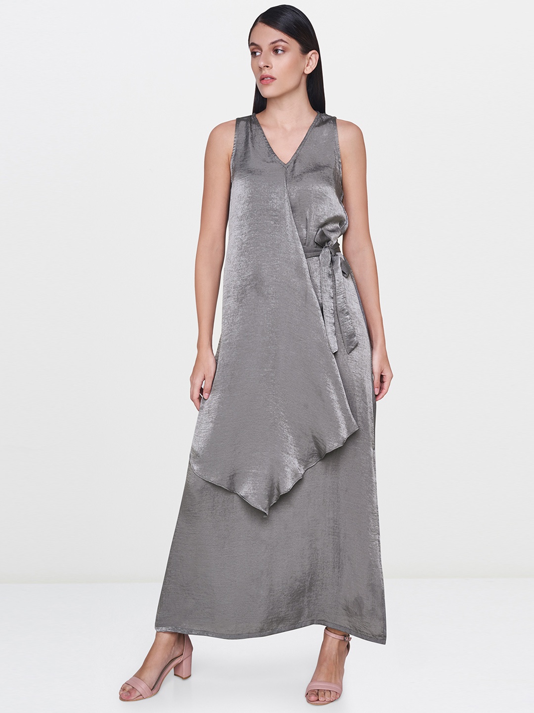 

AND Women Grey Solid Layered Maxi Dress