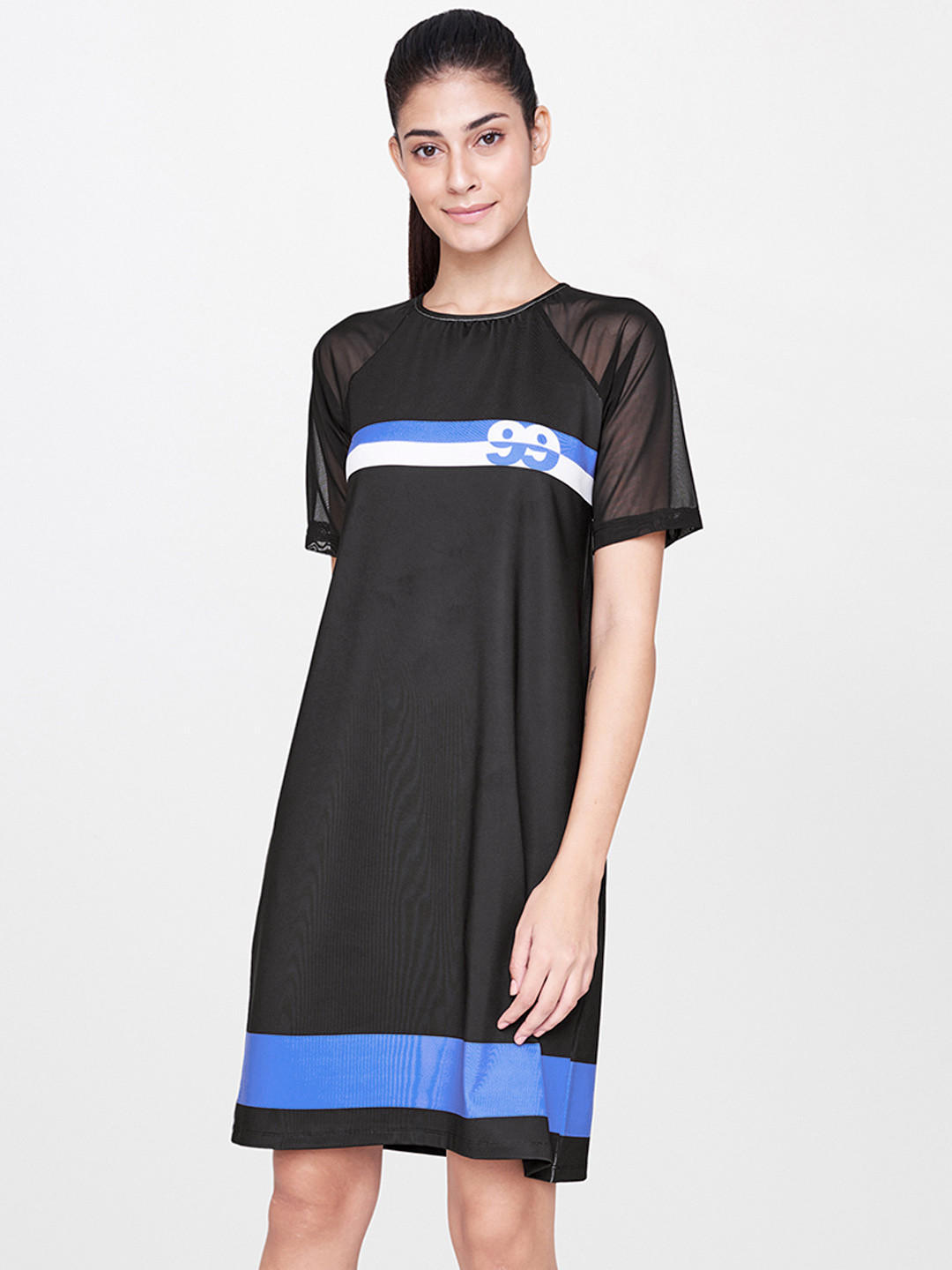 

AND Women Black & Blue Striped T-shirt Dress With Sheer Sleeves