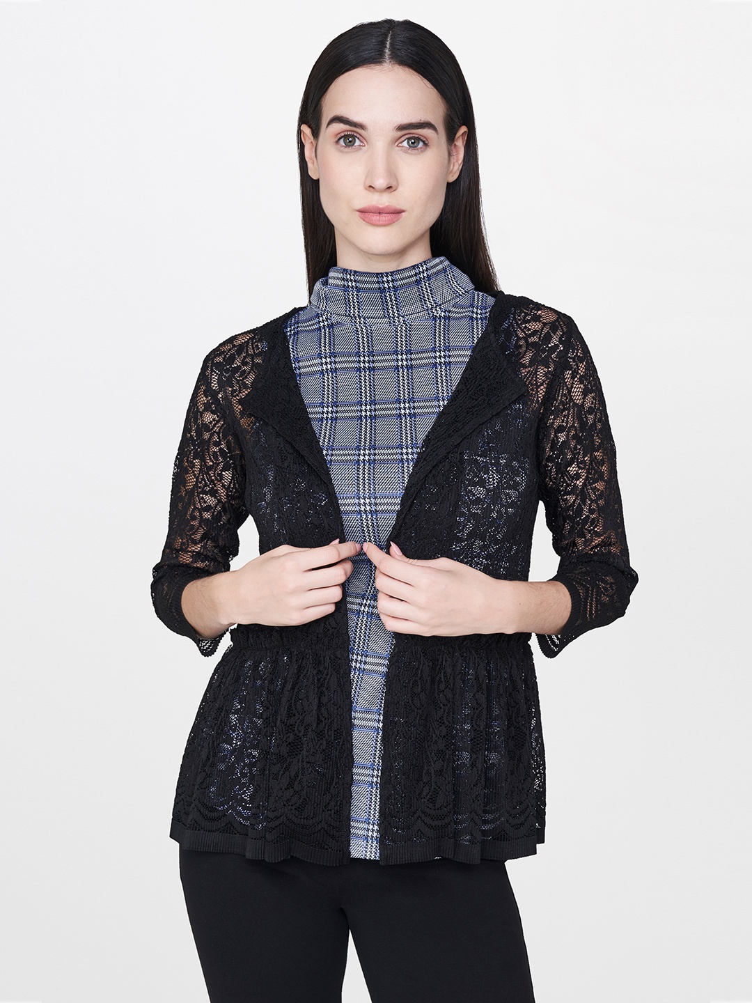 

AND Women Black Self Design Open Front Shrug