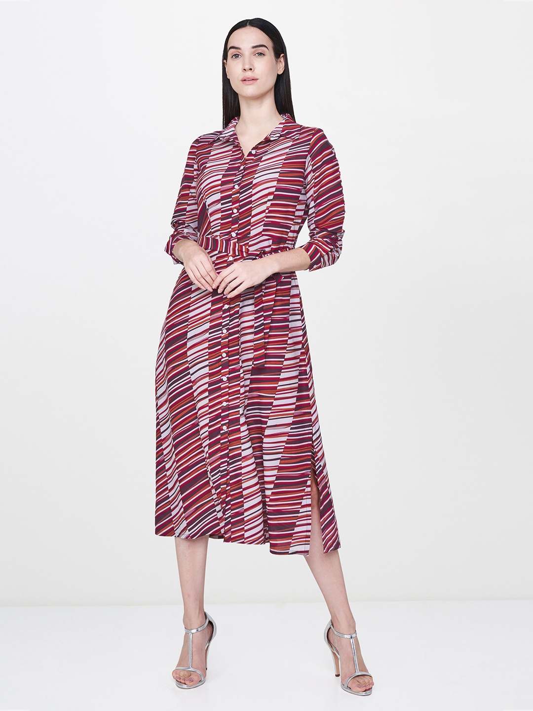 

AND Women Multicoloured Striped A-Line Midi Dress, Multi