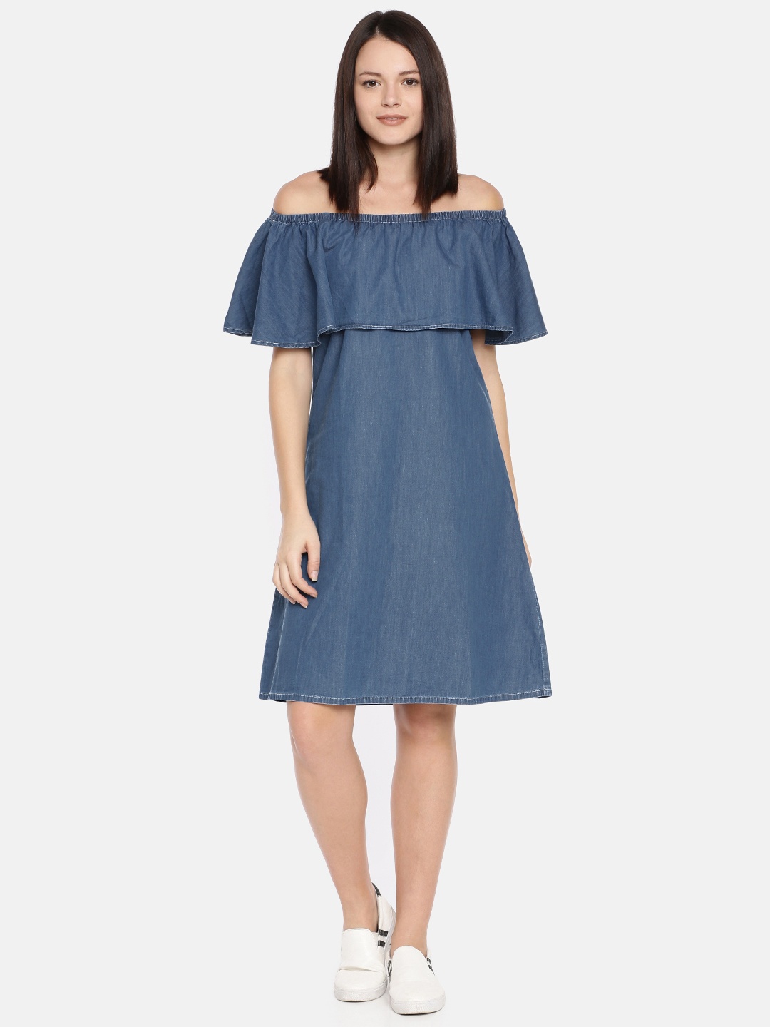 

AND Women Blue Solid Chambray Layered A-Line Dress