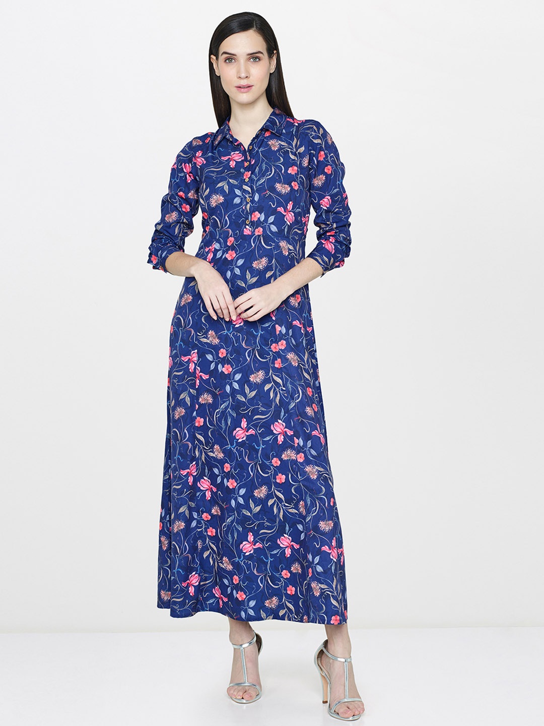

AND Women Blue & Pink Floral Printed Maxi Dress