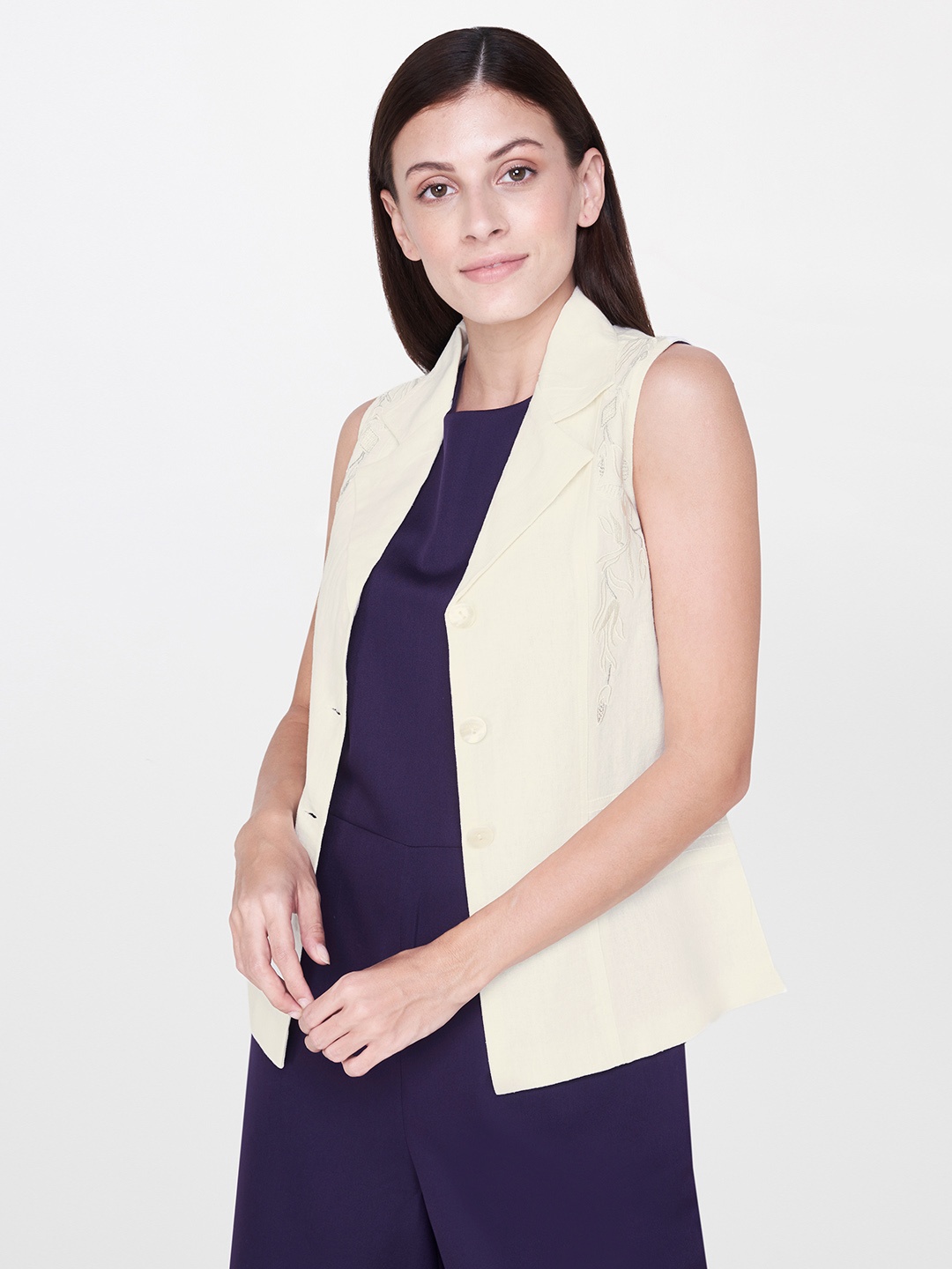 

AND Women Off White Solid Embroidered Tailored Jacket