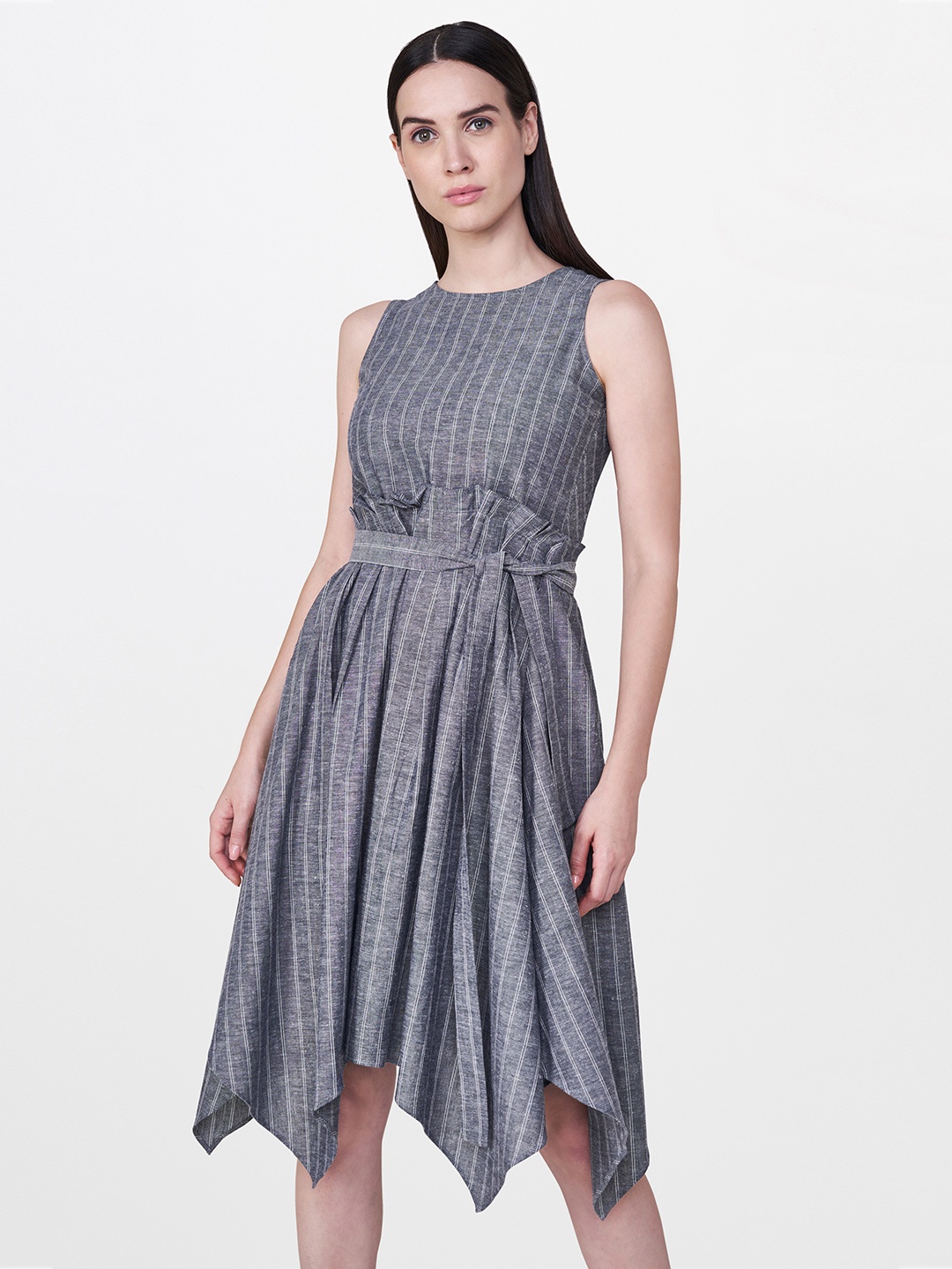 

AND Women Blue Striped Fit and Flare Asymmetric Hem Dress