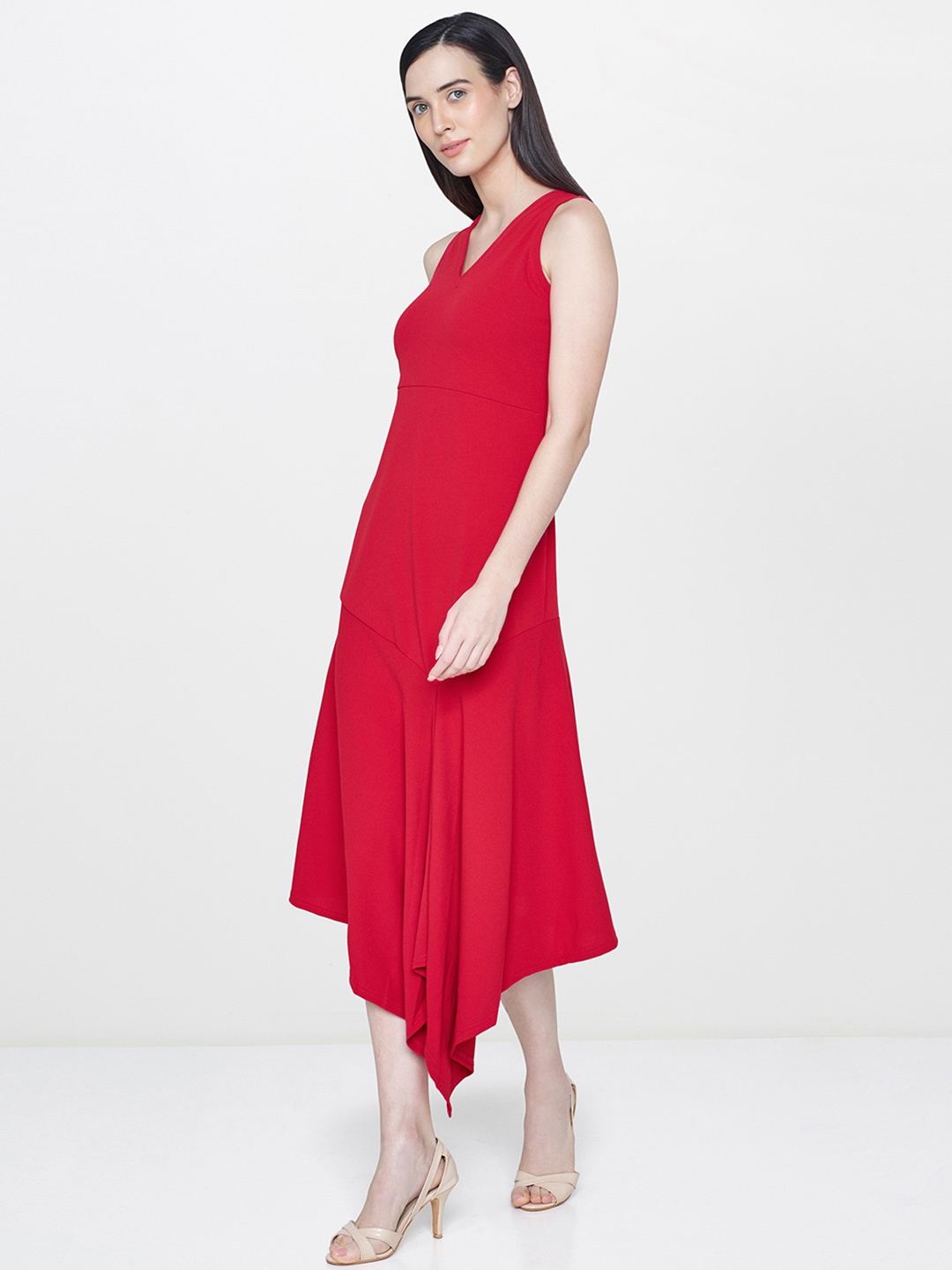 

AND Women Red Solid Paneled A-Line Dress