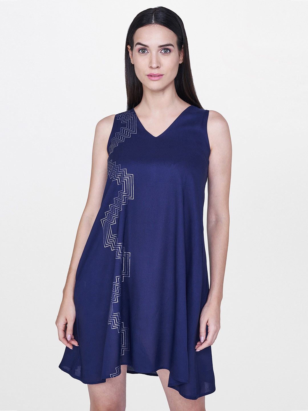 

AND Women Navy Blue Printed A-Line Dress
