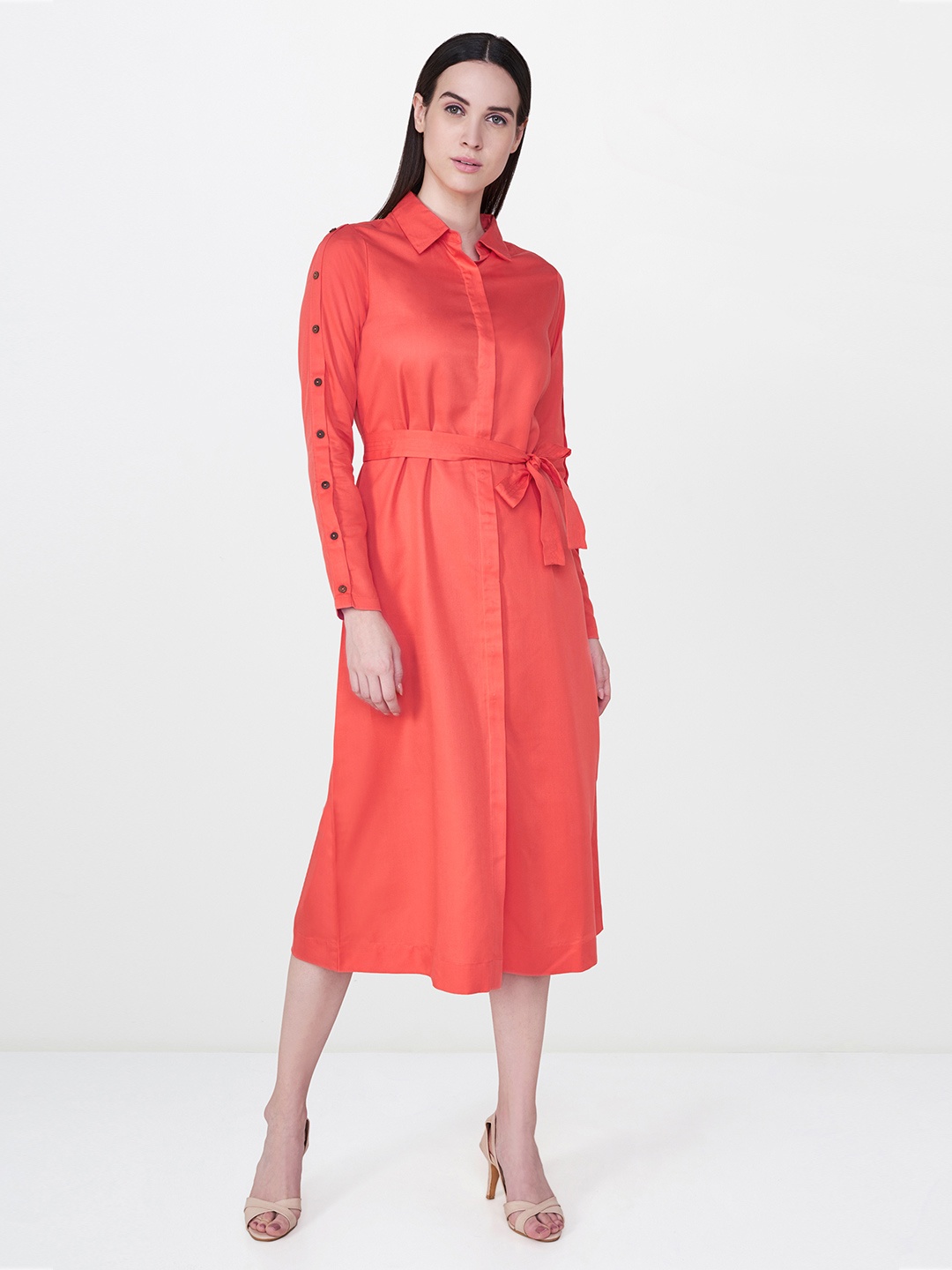 

AND Women Coral Orange Solid Shirt Dress
