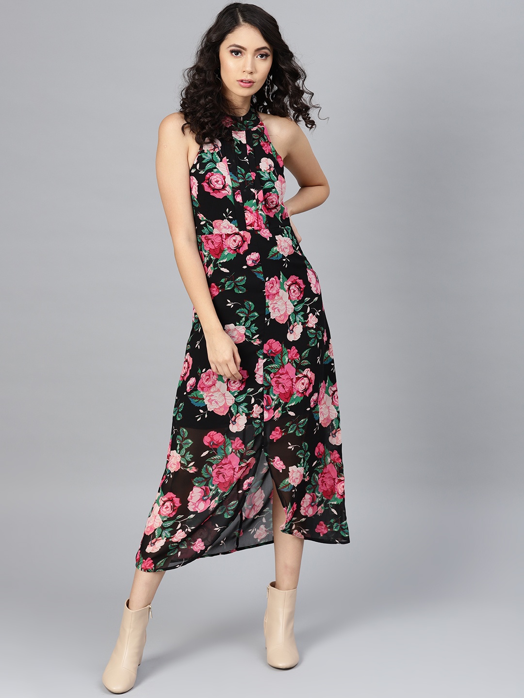 

SASSAFRAS Women Black & Pink Floral Print Midi A-Line Dress