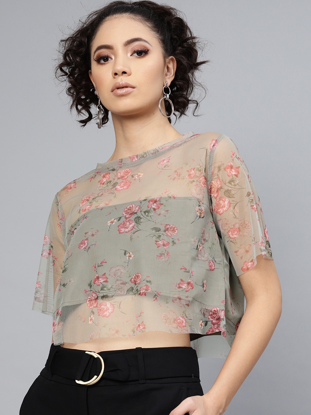 

SASSAFRAS Women Olive Green Net Printed Crop Top