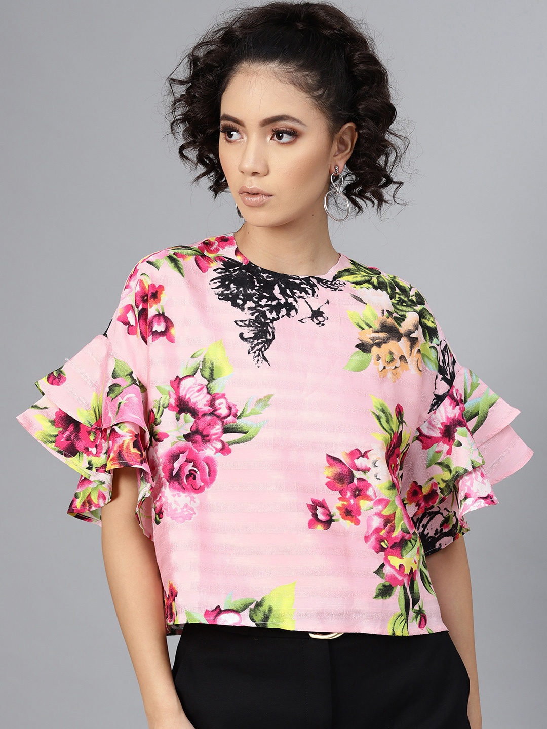 

SASSAFRAS Women Pink Floral Print Boxy Top