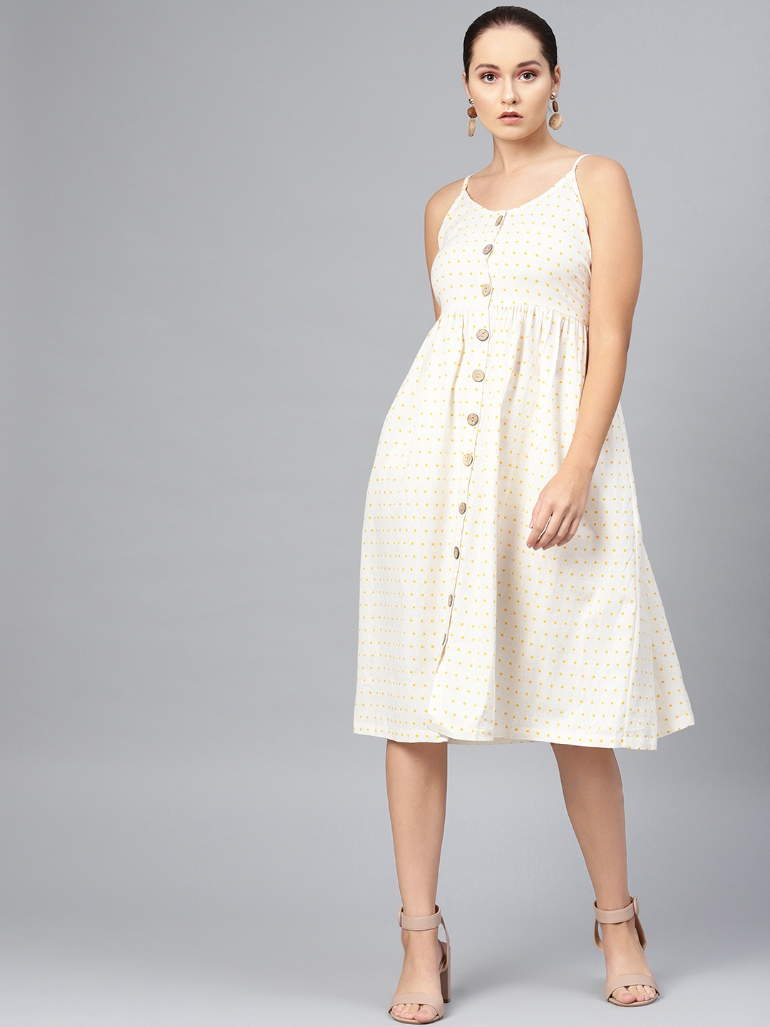 

SASSAFRAS Women Off-White & Mustard Yellow Polka Dot Print A-Line Dress