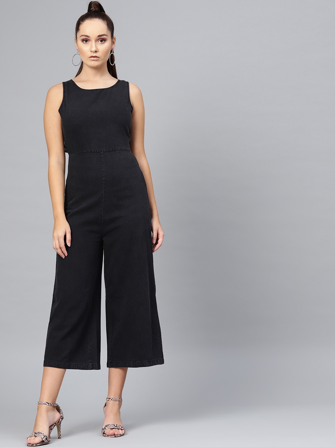 

SASSAFRAS Women Black Solid Denim Culotte Jumpsuit