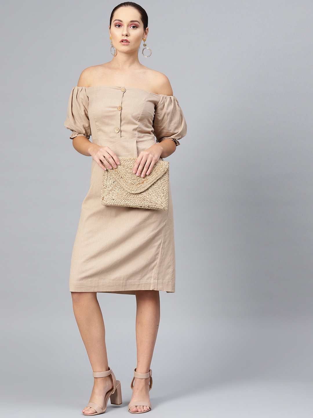 

SASSAFRAS Women Beige Solid A-Line Dress
