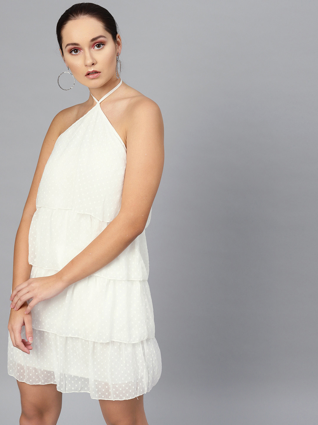 

SASSAFRAS Women White Self Design Layered A-Line Dress
