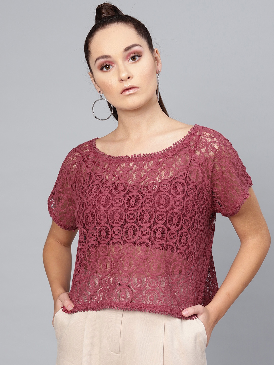 

SASSAFRAS Women Brick Red Lace Sheer Boxy Top