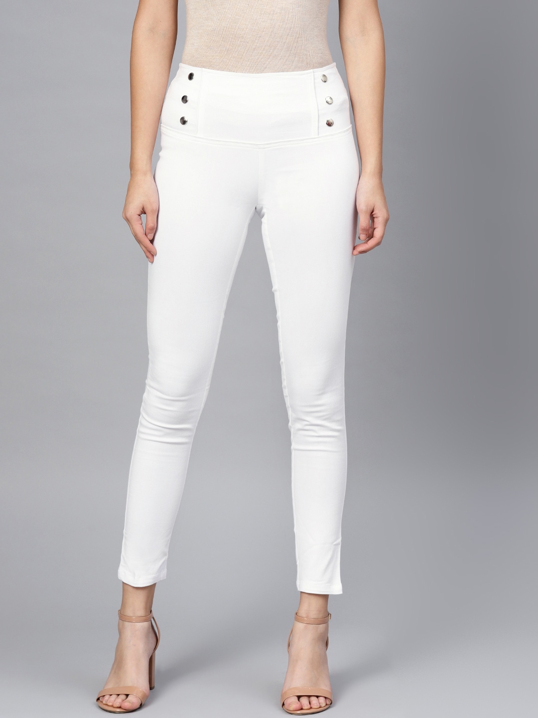 

SASSAFRAS Women White Solid Skinny Fit High-Waist Cropped Treggings