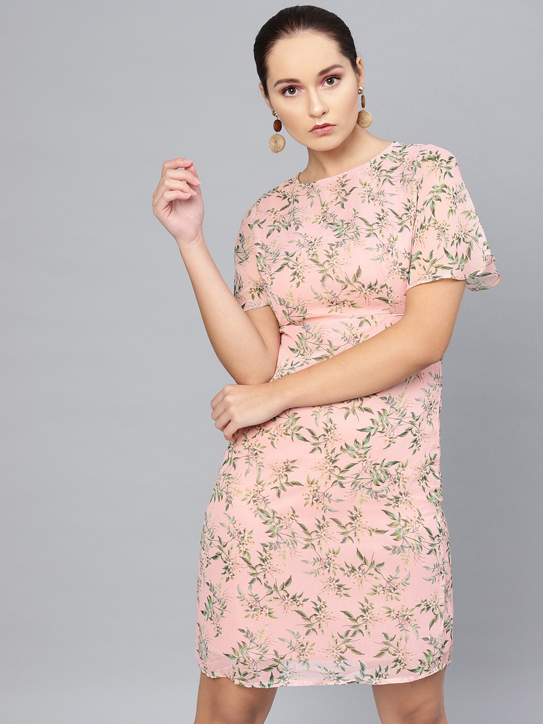 

SASSAFRAS Women Peach-Coloured & Green Floral Print A-Line Dress, Pink