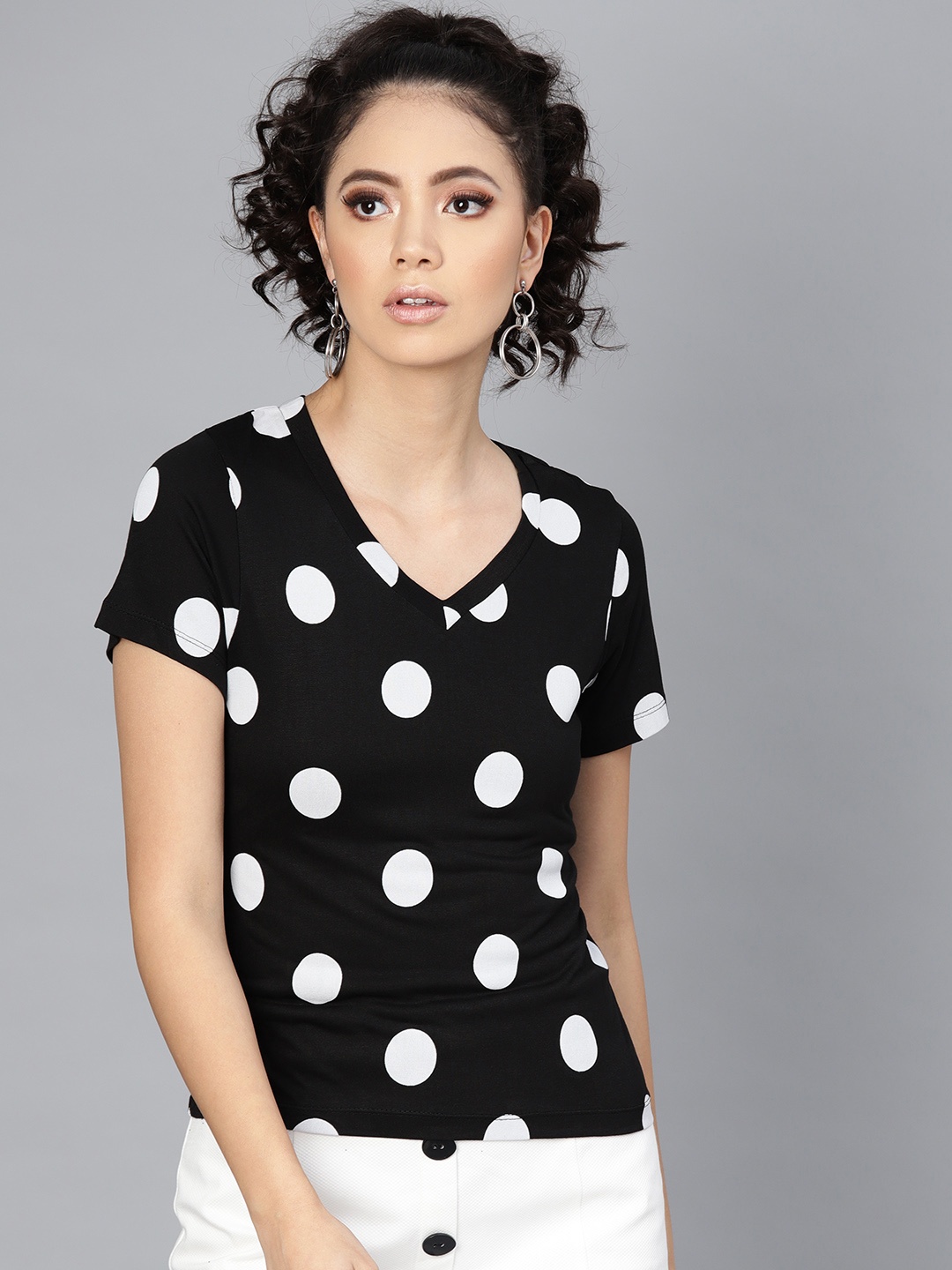 

SASSAFRAS Women Black & White Polka Dot Print V-Neck T-shirt