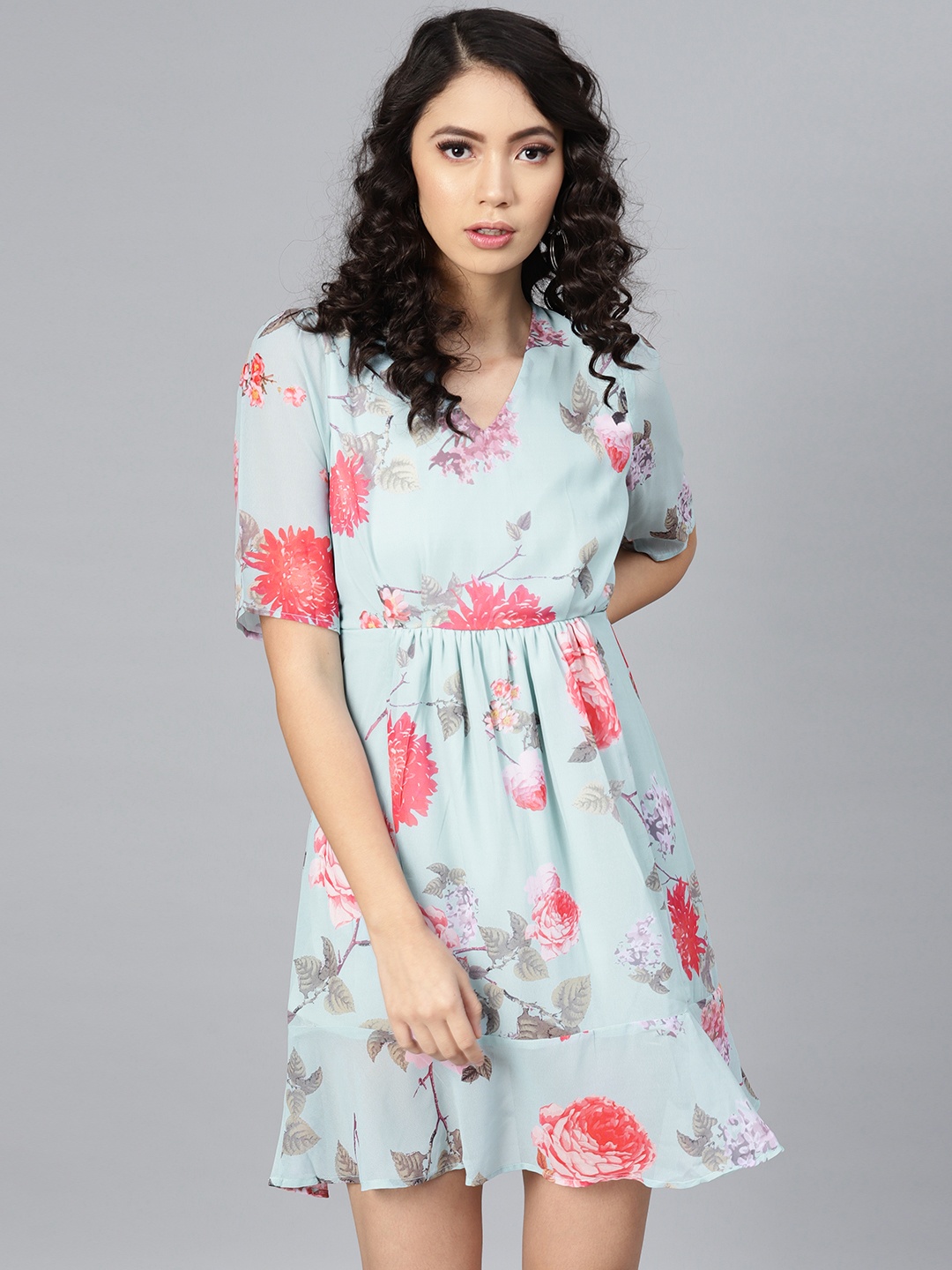 

SASSAFRAS Women Blue & Pink Floral Print A-Line Dress