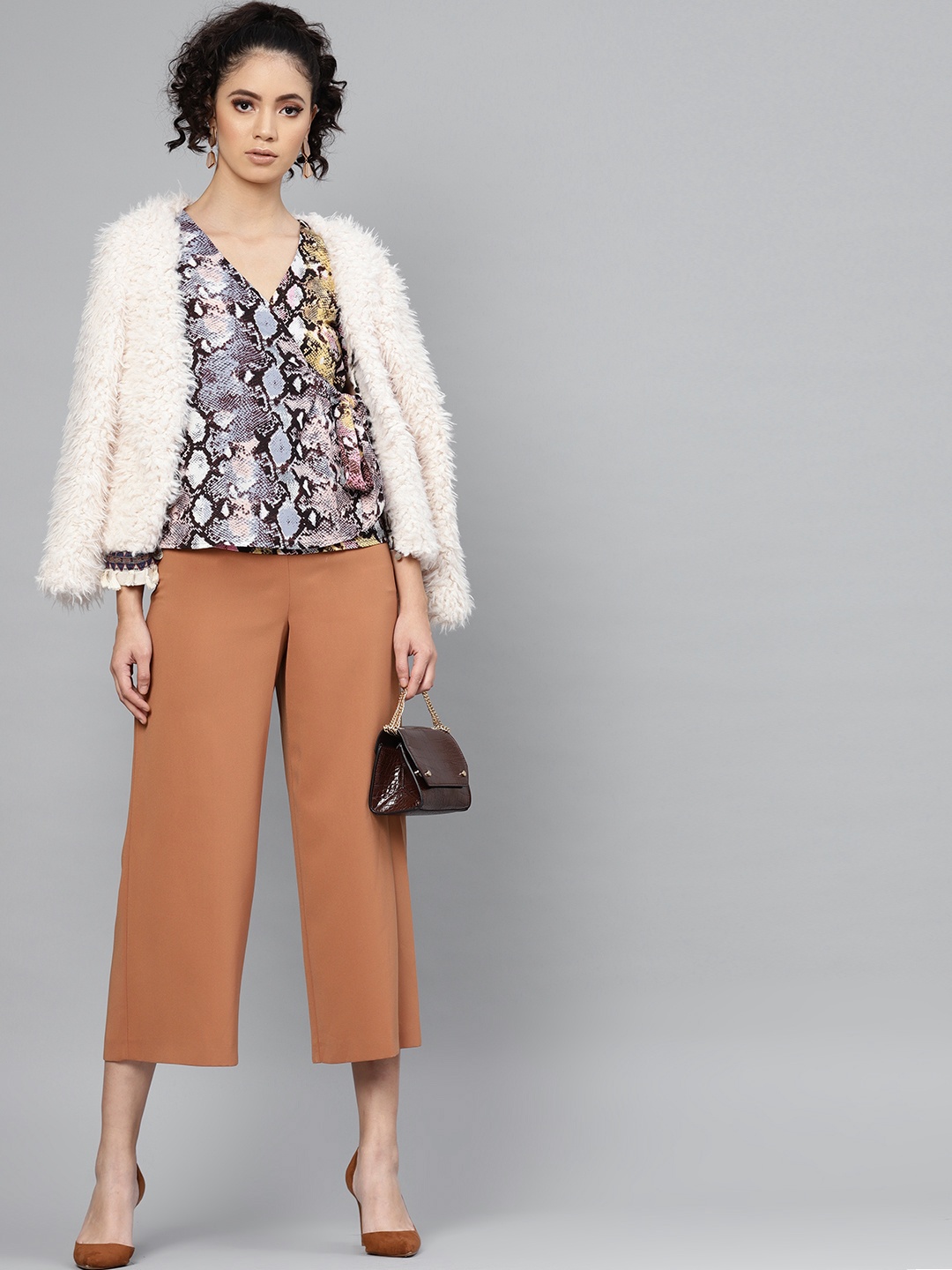 

SASSAFRAS Women Multicoloured Animal Print Wrap Top, Multi