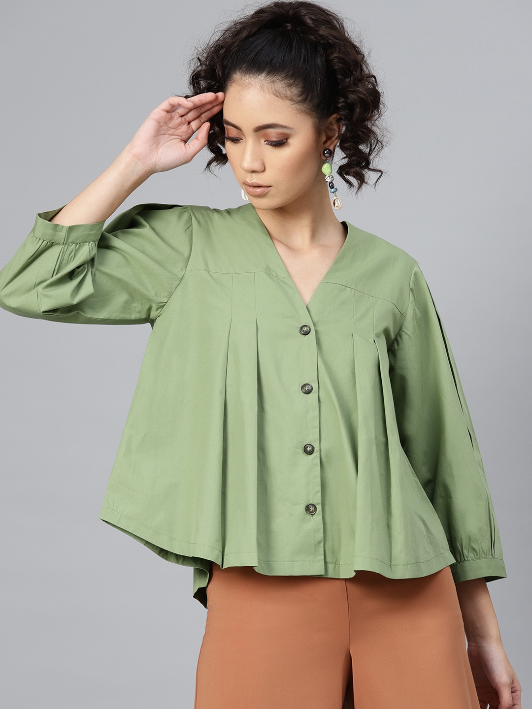 

SASSAFRAS Women Green Solid A-Line Top