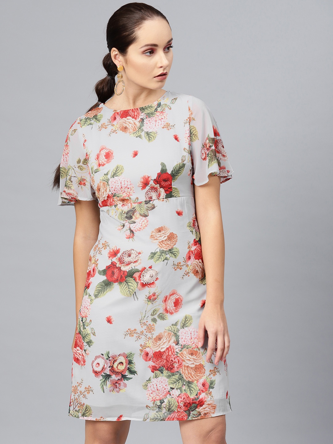 

SASSAFRAS Women Grey & Red Floral Print Empire Dress