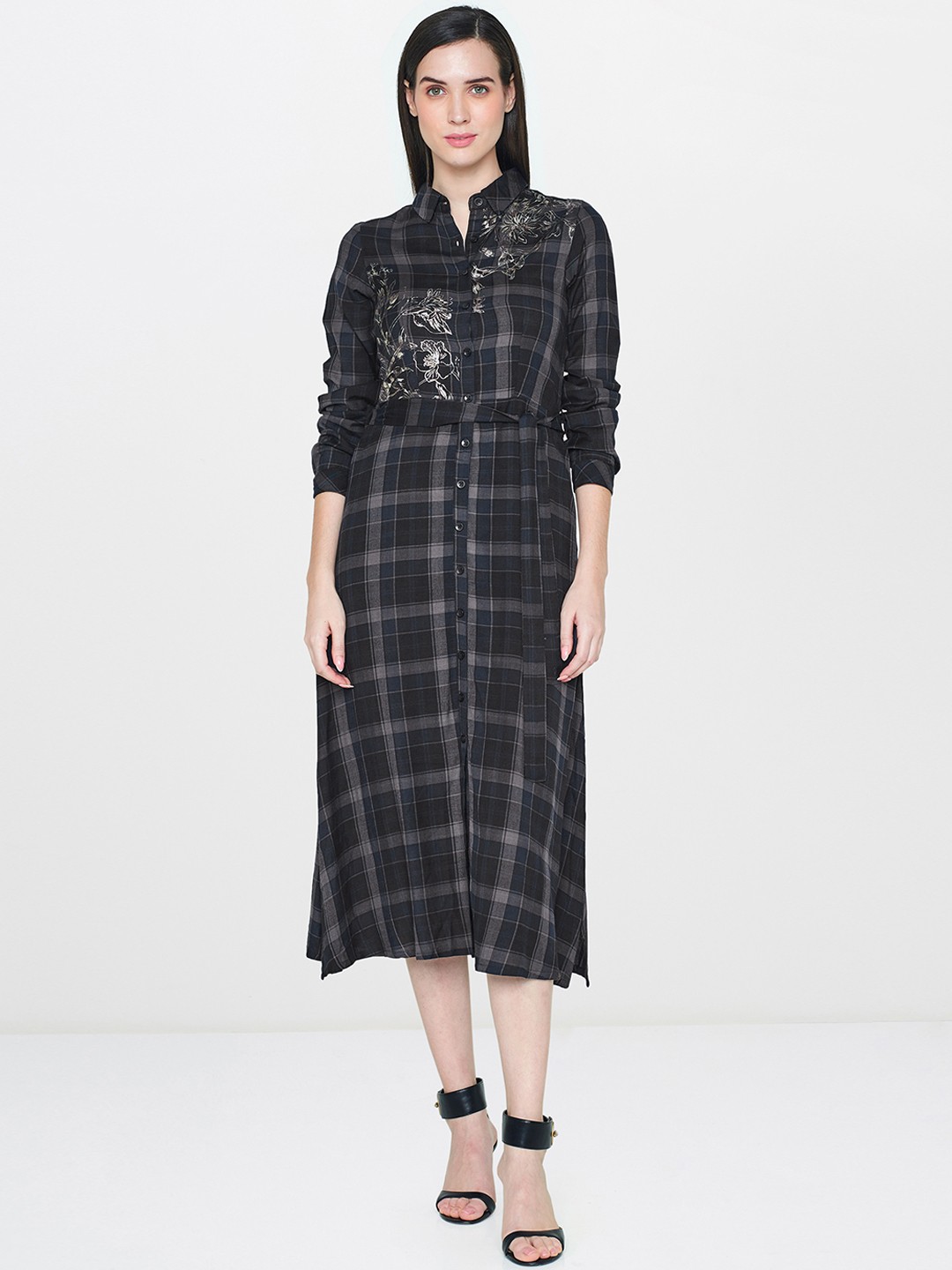 

AND Women Blue Checked Shirt Dress With Printed Details