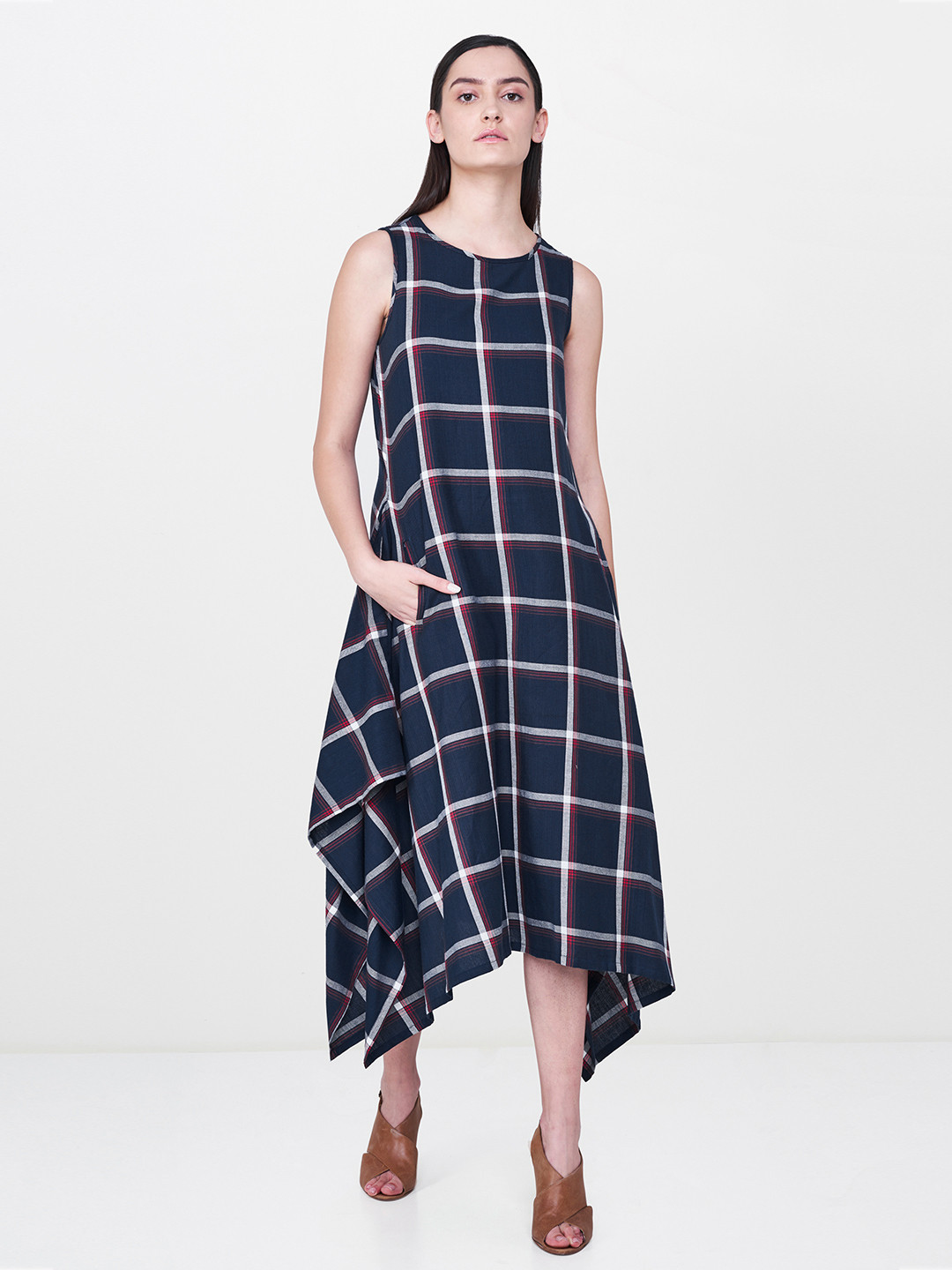 

AND Women Navy Blue & Off-White Checked A-Line Dress