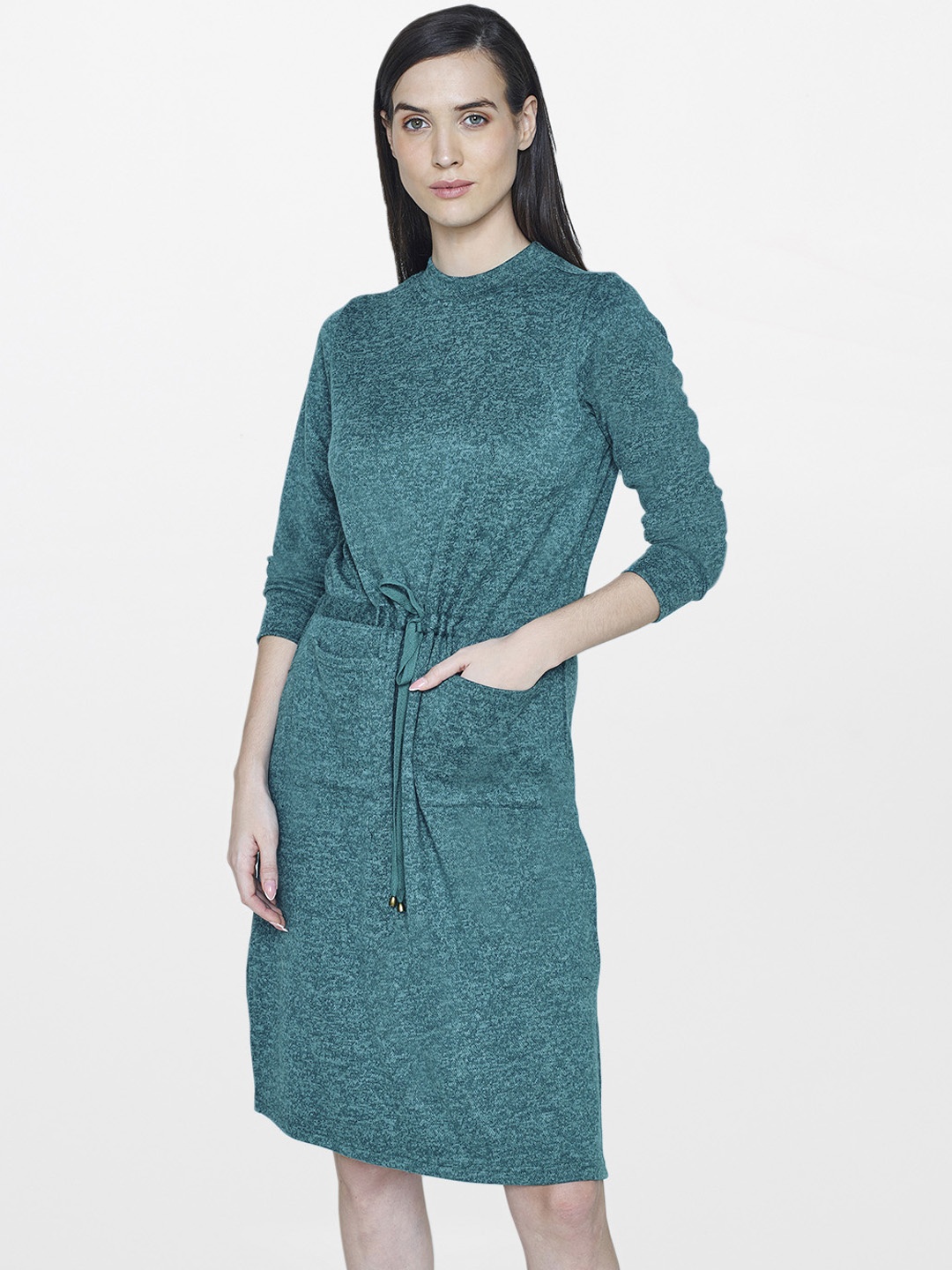 

AND Women Teal Green Solid A-Line Dress
