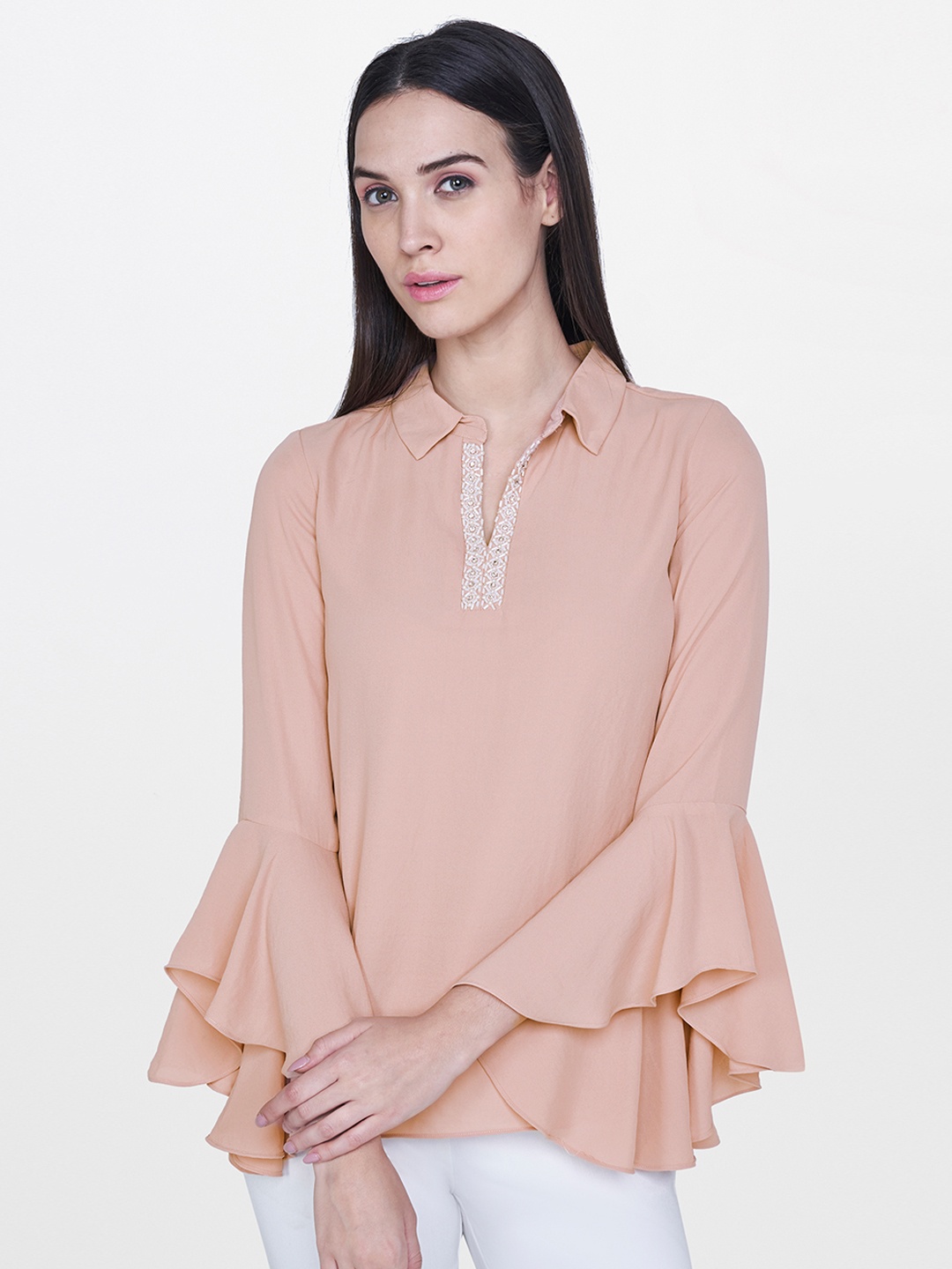 

AND Women Peach-Coloured Embellished Solid Top