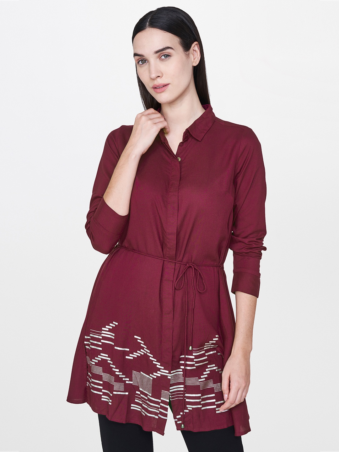 

AND Women Maroon Solid Tunic With Printed Details