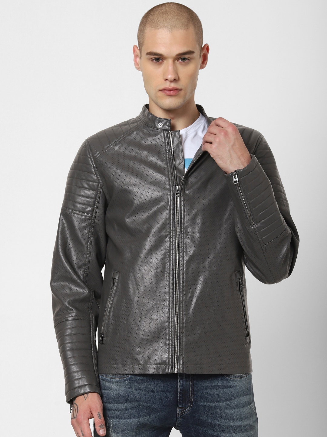 

Jack & Jones Men Charcoal Grey Solid Biker Jacket