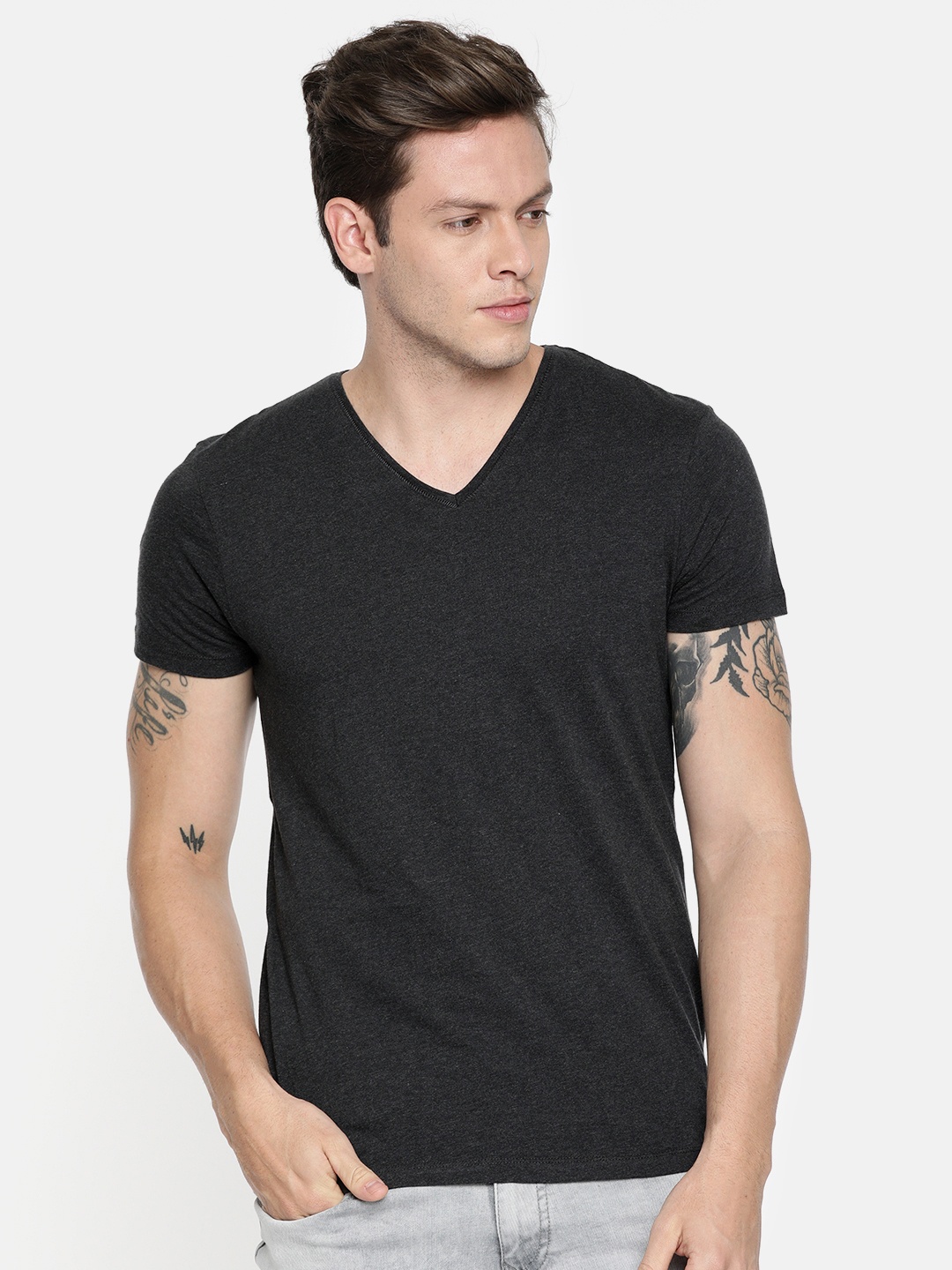 

Jack & Jones Men Charcoal Grey Solid V-Neck T-shirt