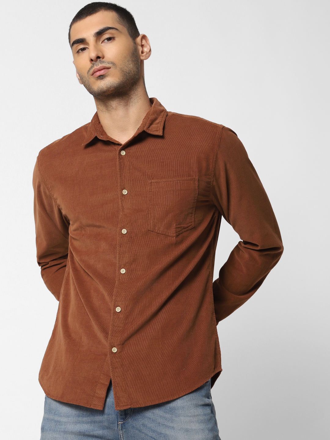 

Jack & Jones Men Brown Slim Fit Solid Casual Corduroy Shirt