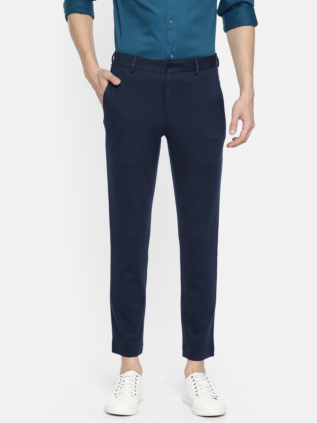 

Jack & Jones Men Navy Blue Slim Fit Solid Regular Cropped Trousers