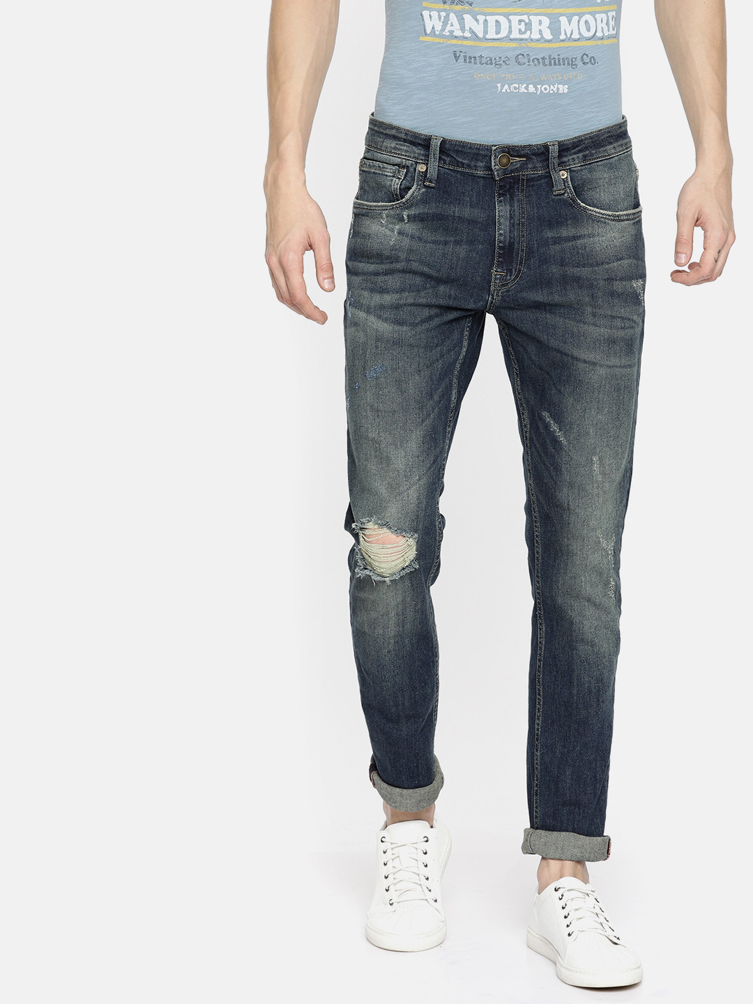 

Jack & Jones Men Blue Ben Skinny Fit Mid-Rise Mildly Distressed Stretchable Jeans