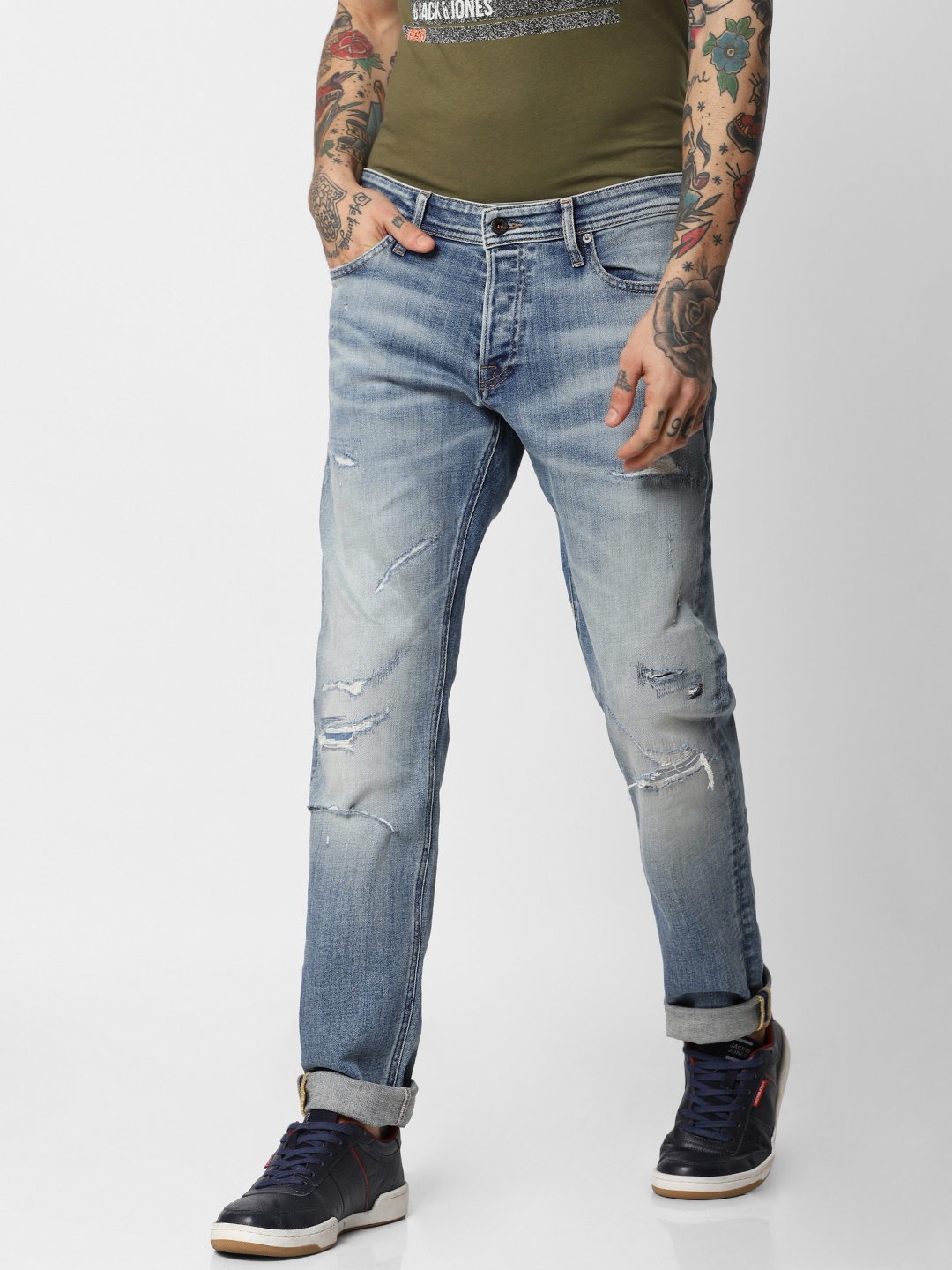 

Jack & Jones Men Blue Glenn Slim Fit Low-Rise Mildly Distressed Stretchable Jeans