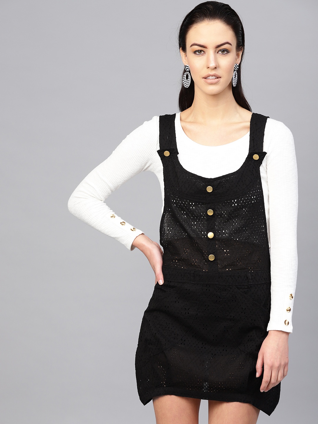 

I AM FOR YOU Women Black Schiffli Embroidered Pinafore Dress