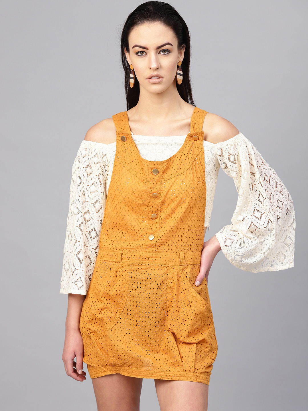 

I AM FOR YOU Women Mustard Yellow Schiffli Embroidered Pinafore Dress