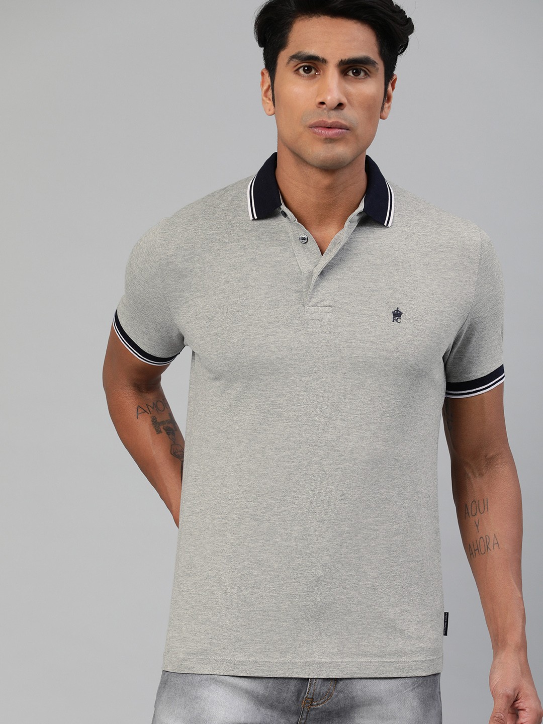 

French Connection Men Grey Solid Polo Collar Pure Cotton T-shirt