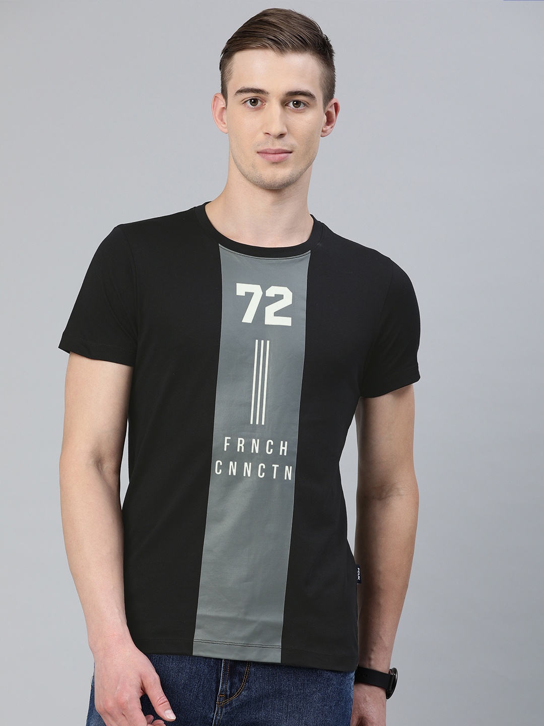 

French Connection Men Black Printed Slim Fit Round Neck Pure Cotton T-shirt