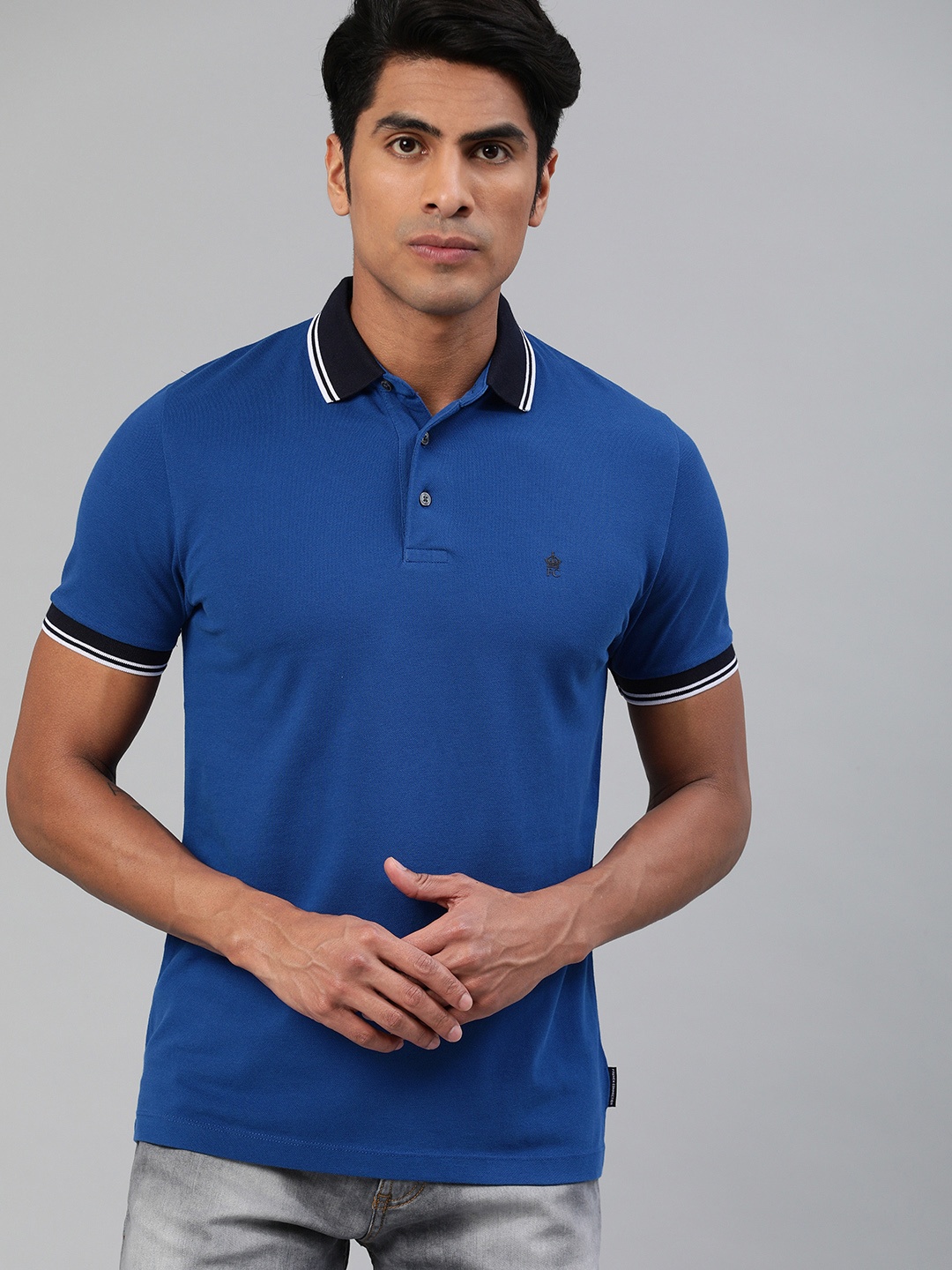 

French Connection Men Blue Solid Polo Collar Pure Cotton T-shirt