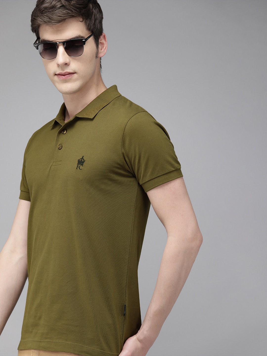 

French Connection Men Olive Green Solid Slim Fit Polo Collar Pure Cotton T-shirt