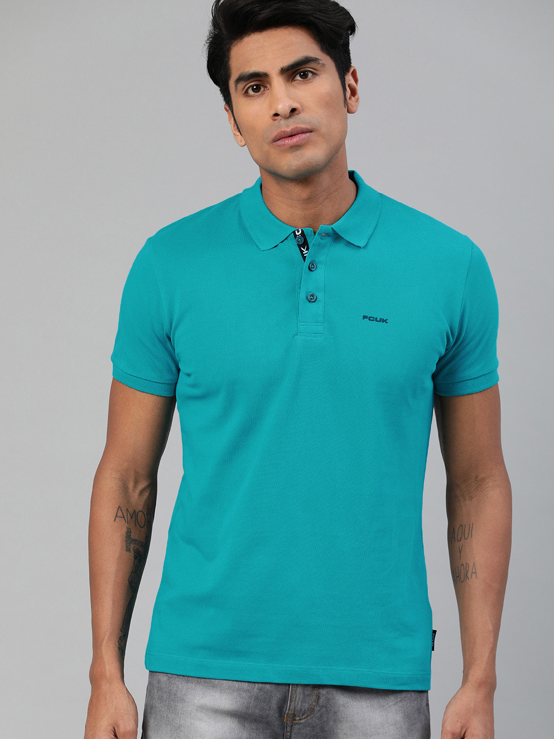 

French Connection Men Blue Solid Polo Collar Pure Cotton T-shirt