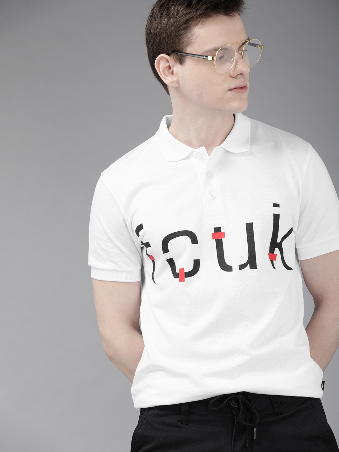 

French Connection Men White Slim Fit Printed Polo Collar T-shirt